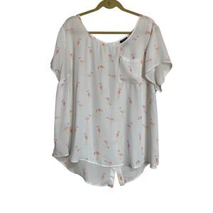 Torrid Blouse Womens 3X White Flamingo Abbey Georgette Button Back Short Sleeve
